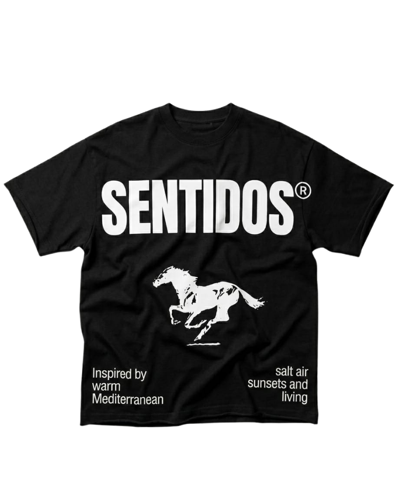 Camiseta negra oversize diseño caballo vinilado edición limitada numerada Sentidos Barcelona streetwear